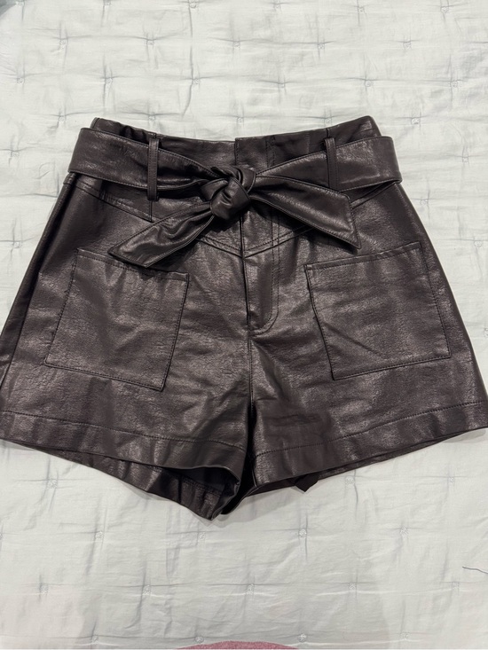 Pookie & Sebastian Pants - High-Waist Faux Leather Tie-Belt Shorts in Black
